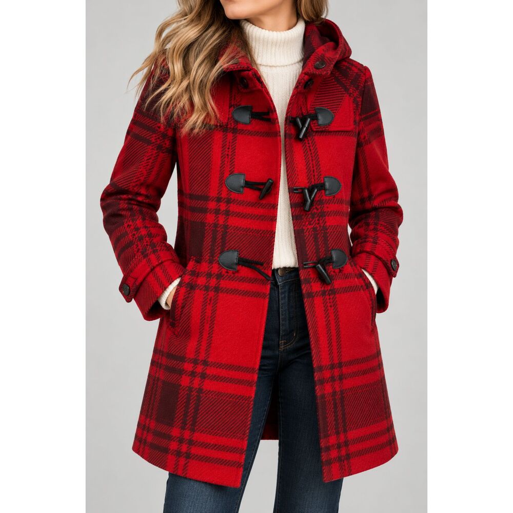 ASOS Red Plaid Hooded Duffle Coat Women's US 4 Wool Blend Toggle Jacket
